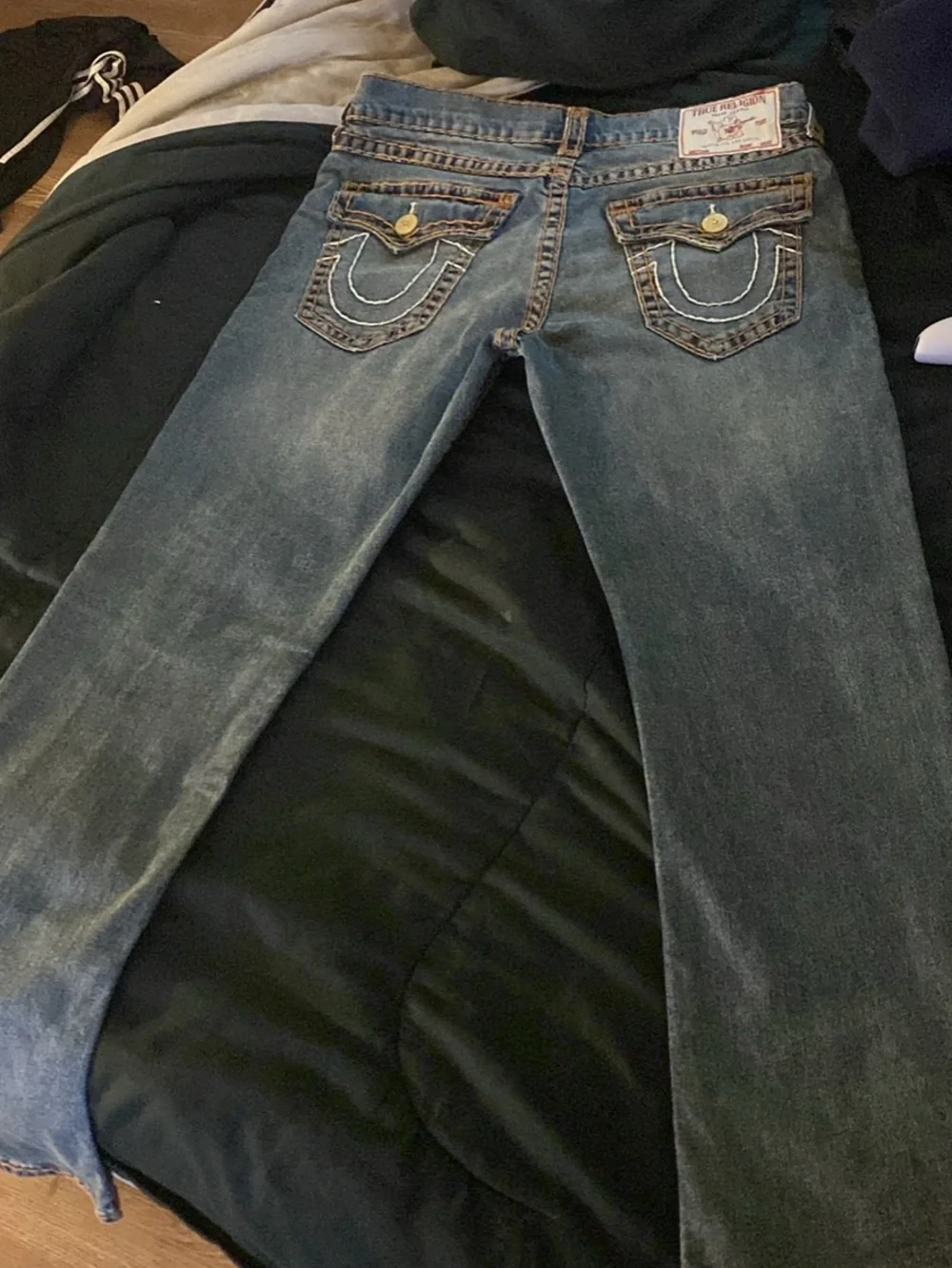 True Religion Men’s Light Blue Denim Slim Jeans with Contrast Stitching